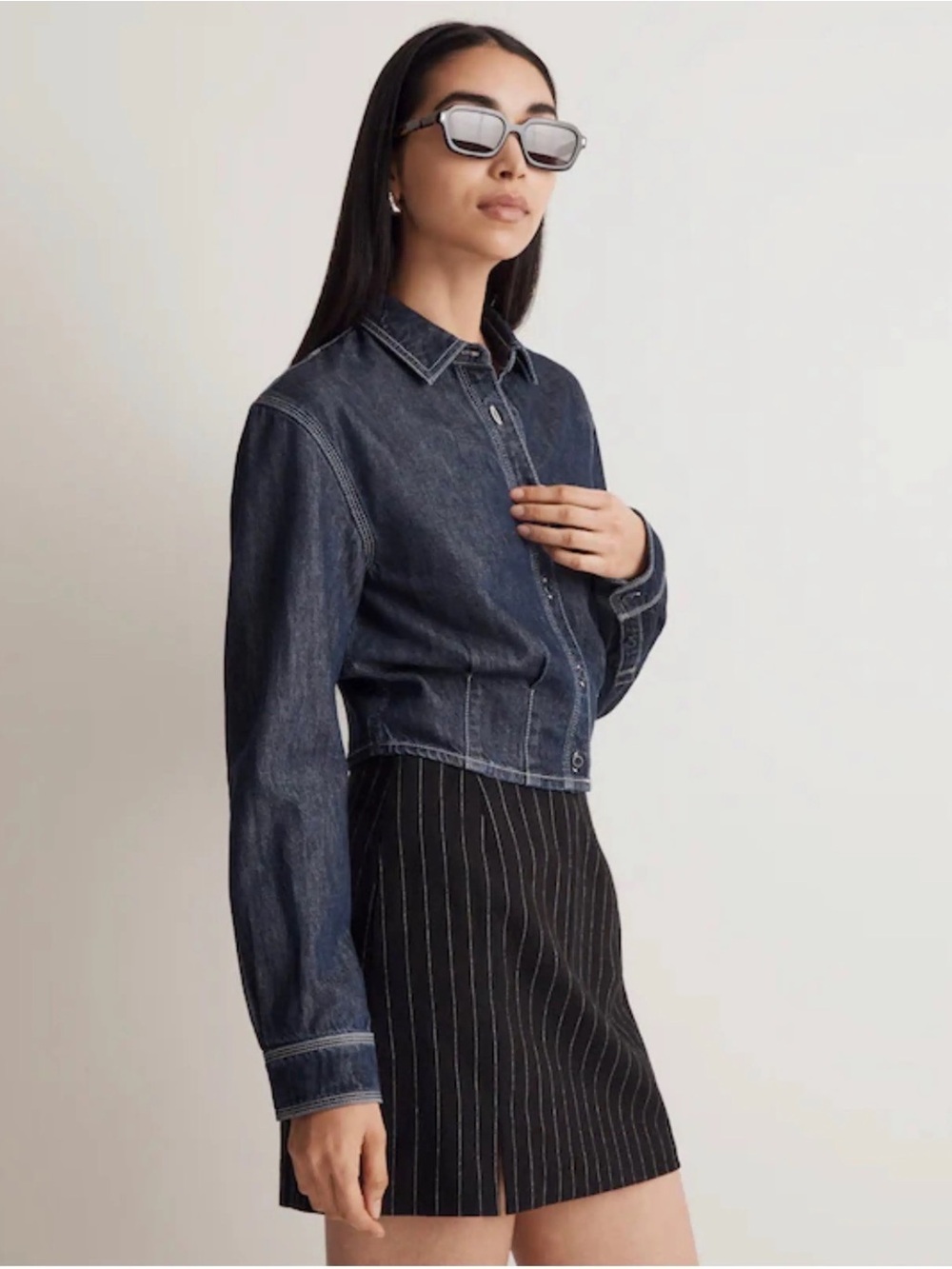 madewell dark wash denim corset seam cropped button up top size small